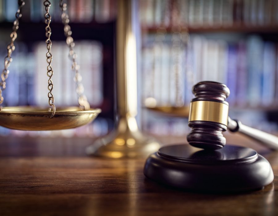 Gavel, scales of justice and law books